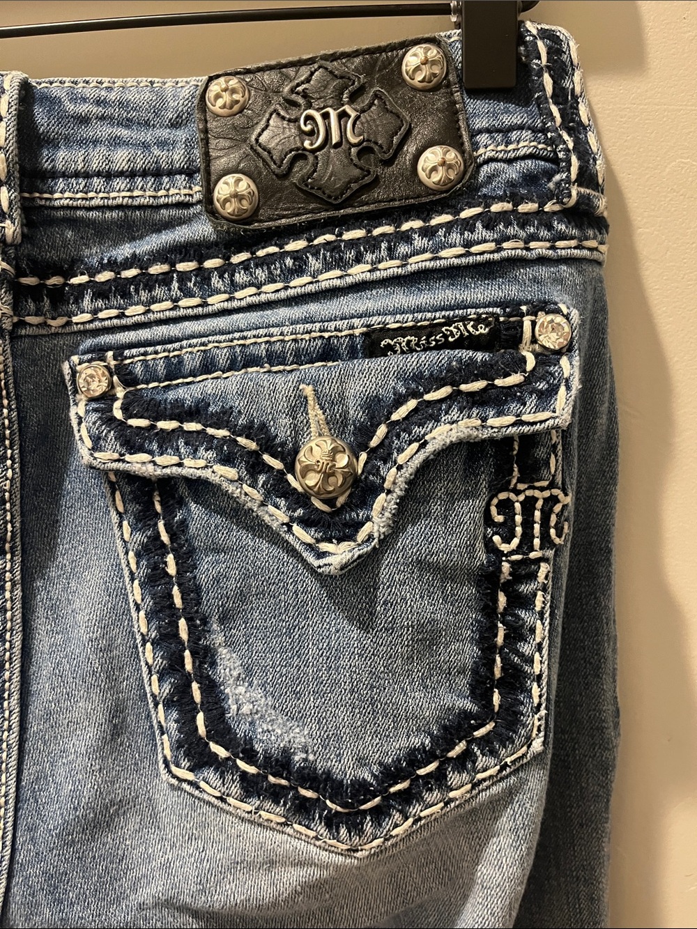 Miss Me Light Blue Embroidered Boot Cut Jeans with Decorative Flap Pockets